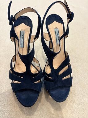 Prada Dark Blue Suede Cutout Slingback Heels